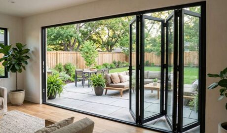 modern black frame sliding patio door exterior