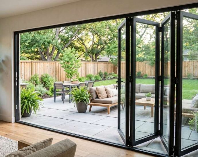 modern black frame sliding patio door exterior