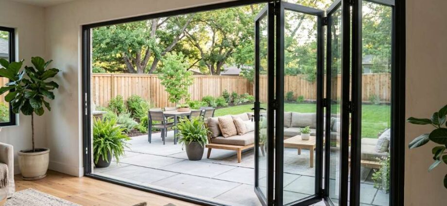modern black frame sliding patio door exterior