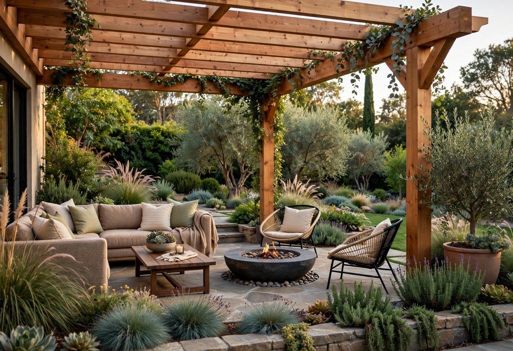 Outdoor living patio with pergola, seating, and fire pit ideas from the home expo