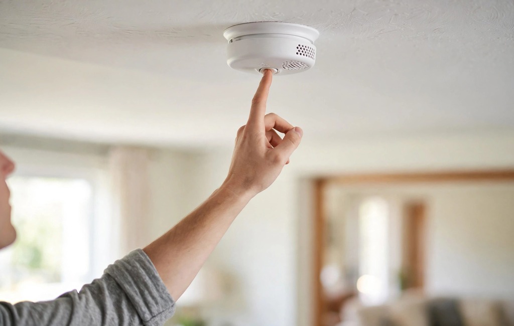 Person pressing the test button on a First Alert smoke alarm