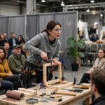 Presenter demonstrating a DIY home repair technique at an expo workshop stage