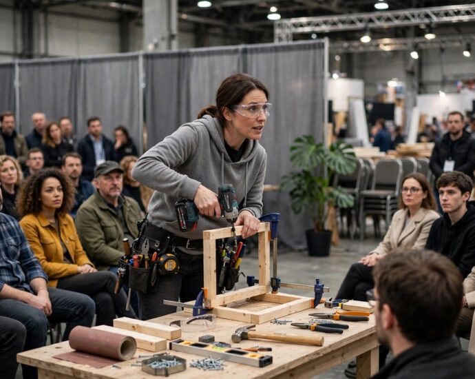 Presenter demonstrating a DIY home repair technique at an expo workshop stage