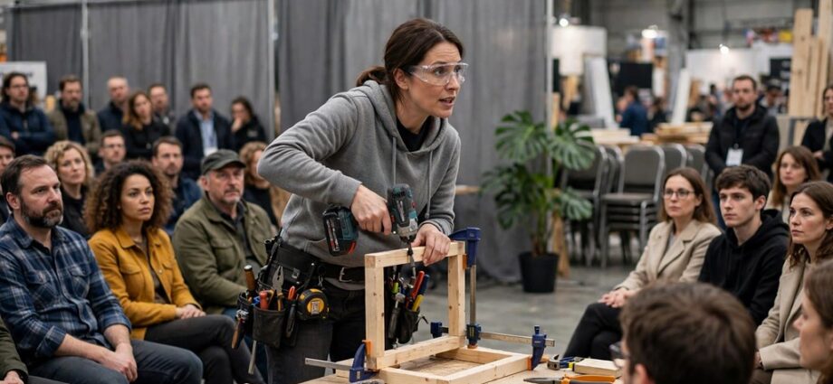 Presenter demonstrating a DIY home repair technique at an expo workshop stage