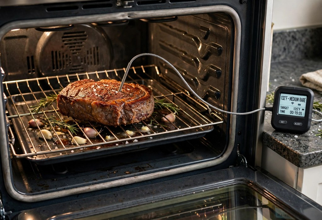 Best meat thermometers monitoring a thick steak inside an oven