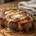 Seared ribeye resting on a board with melting butter and herbs