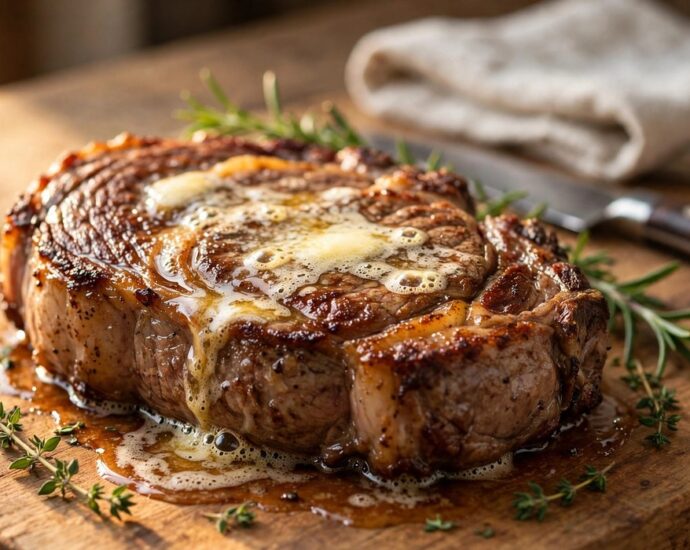 Seared ribeye resting on a board with melting butter and herbs