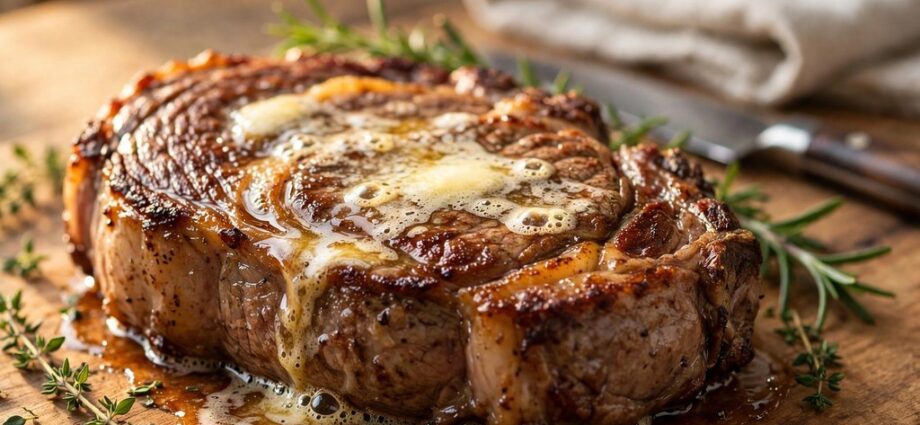 Seared ribeye resting on a board with melting butter and herbs