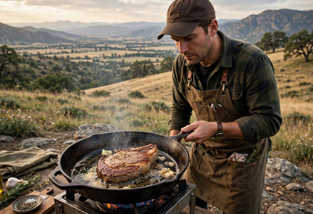 A cook searing steak in a cast iron pan with a golden brown crust forming.