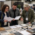 Shoppers comparing home improvement quotes at vendor booths during the home expo