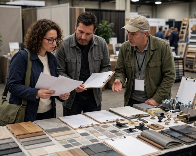 Shoppers comparing home improvement quotes at vendor booths during the home expo