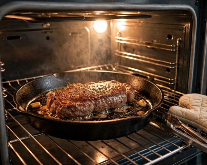 Strip steak in a cast iron skillet inside a home oven
