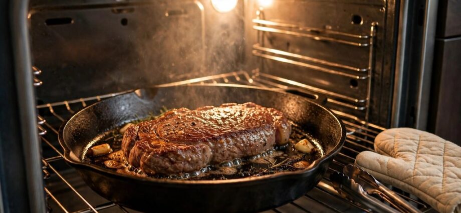 Strip steak in a cast iron skillet inside a home oven