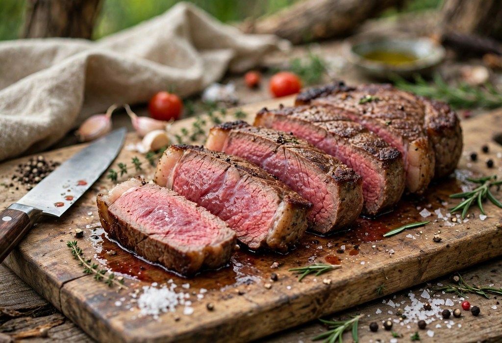 Sliced oven-cooked steak showing a pink center on a cutting board