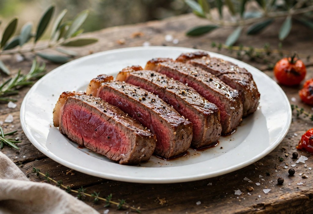 Sliced medium-rare steak showing doneness and temperature on a white plate.