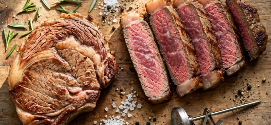 Overhead view of sliced ribeye steak with rosemary, thermometer, and seasonings on a wooden board