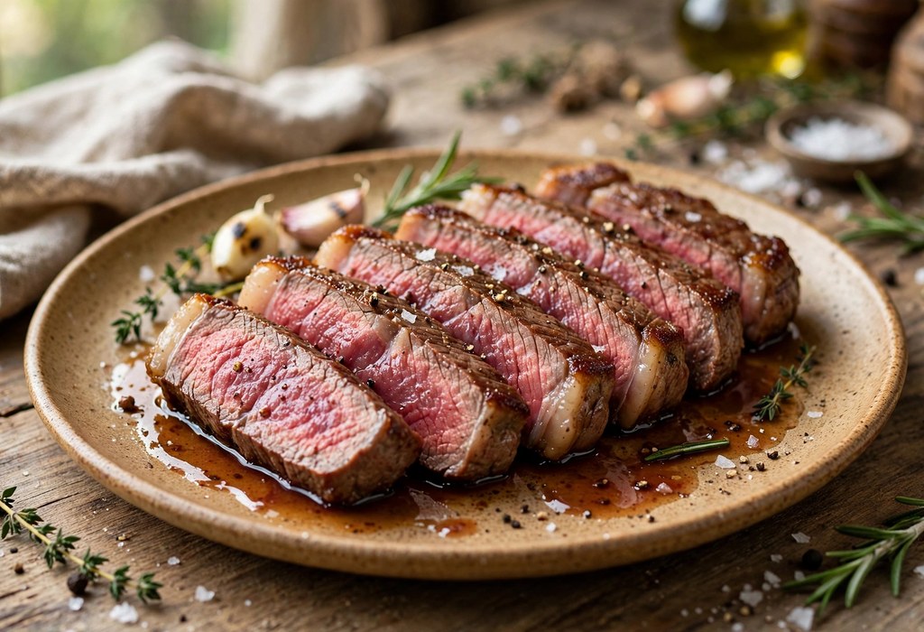 Sliced steak arranged on a warm plate with juices pooling around the slices.