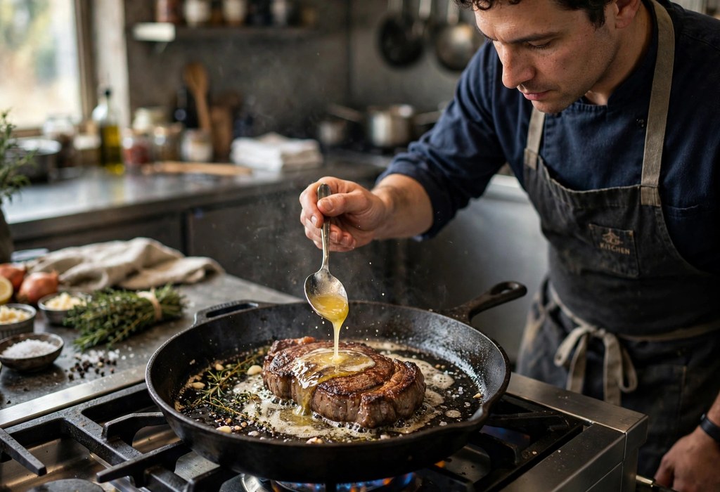 A cook spooning melted butter over a seared steak in a hot skillet.