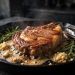 Ribeye steak sizzling in a cast iron skillet with butter garlic and rosemary