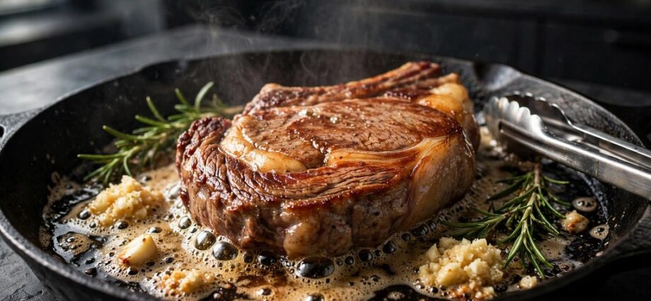 Ribeye steak sizzling in a cast iron skillet with butter garlic and rosemary