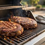 Ribeye steaks searing on an outdoor gas grill with flames and tongs nearby