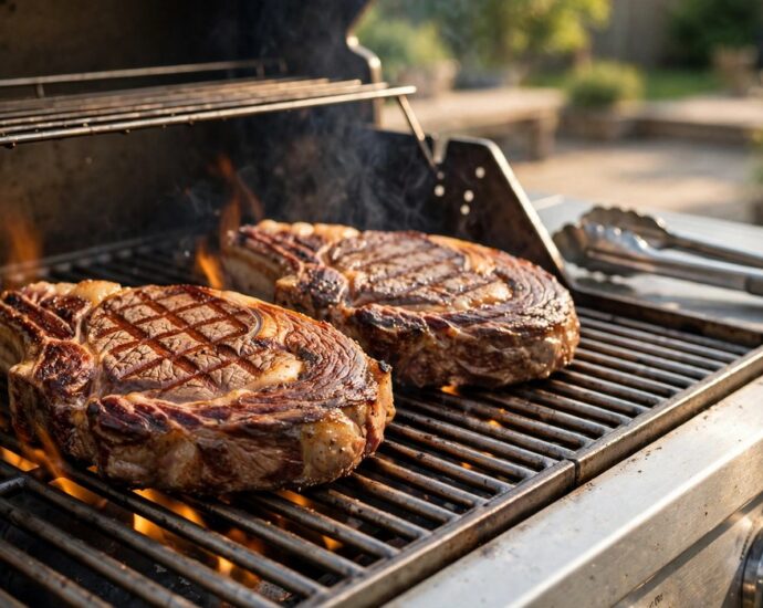 Ribeye steaks searing on an outdoor gas grill with flames and tongs nearby