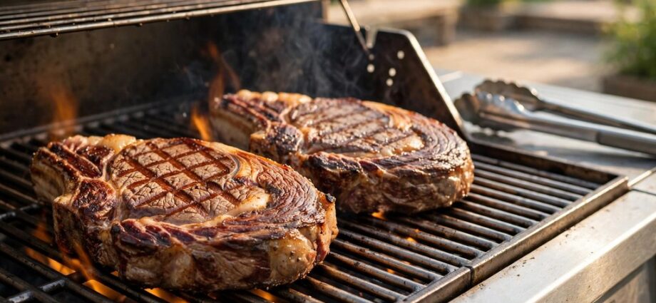 Ribeye steaks searing on an outdoor gas grill with flames and tongs nearby