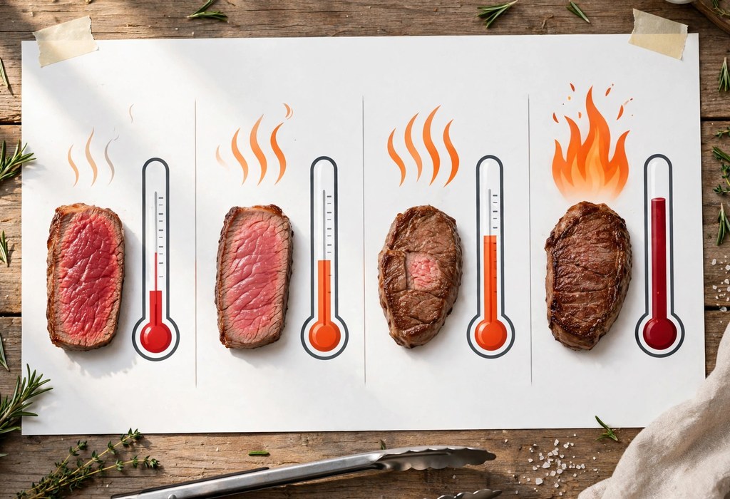 A steak cooking chart with temperature ranges for rare, medium rare, medium, and well done steak.