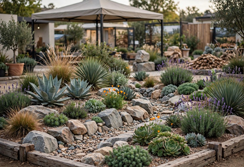 Themed Landscape Showcase garden display with drought tolerant plants at the Sacramento home show