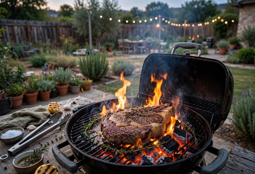 Thick steak grilling over glowing charcoal with flames in a backyard grill