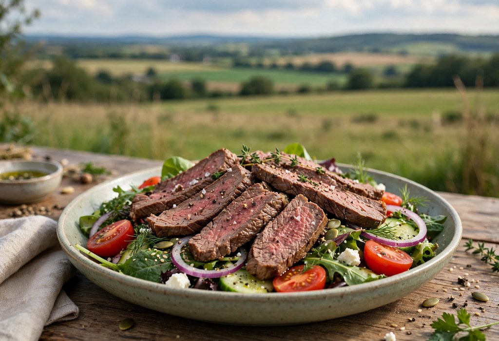 Thin sliced steak showing thickness arranged over a fresh salad in a shallow bowl