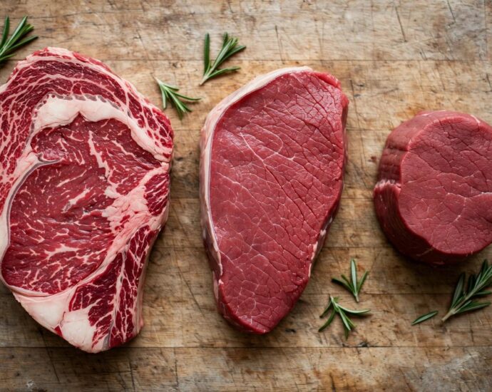 Raw ribeye sirloin and filet cuts arranged on a butcher block