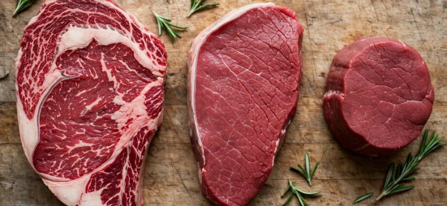 Raw ribeye sirloin and filet cuts arranged on a butcher block