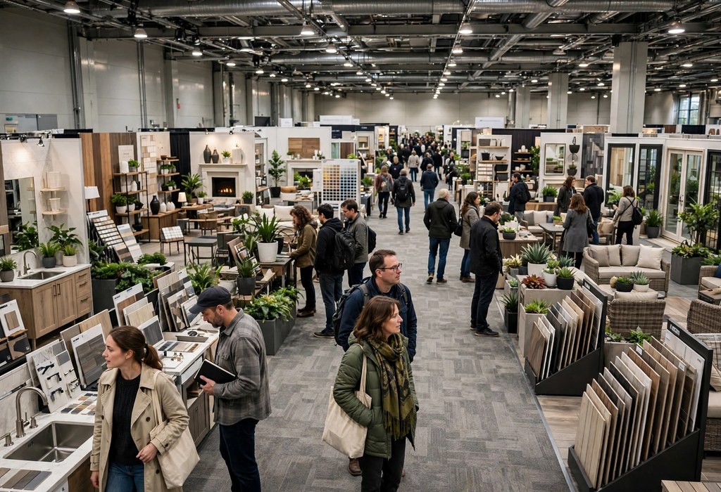 Visitors browsing vendor booths on the 2027 home expo show floor