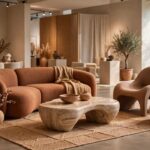 Warm earth-toned living room display with sculptural furniture at Cal Expo home show