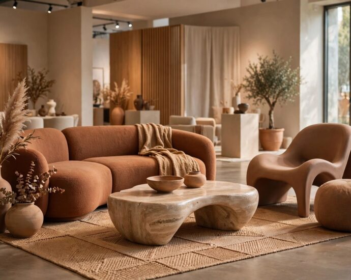 Warm earth-toned living room display with sculptural furniture at Cal Expo home show