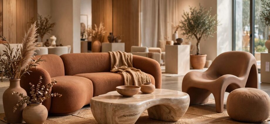 Warm earth-toned living room display with sculptural furniture at Cal Expo home show