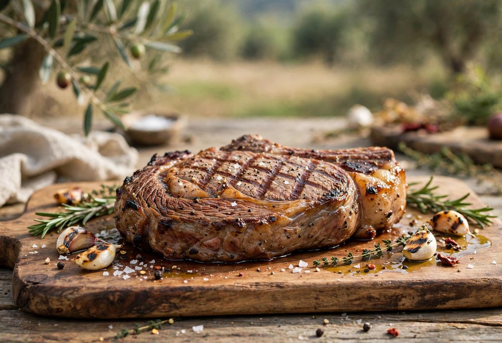 A whole grilled ribeye steak resting on a wooden board before slicing.