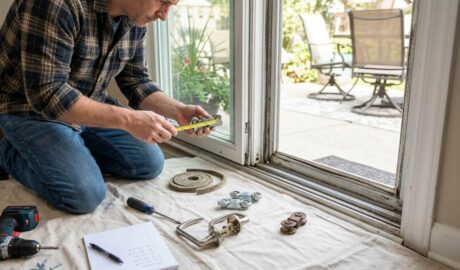 worn weatherstripping being removed from patio door