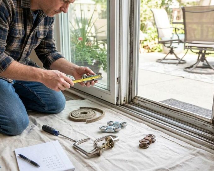 worn weatherstripping being removed from patio door