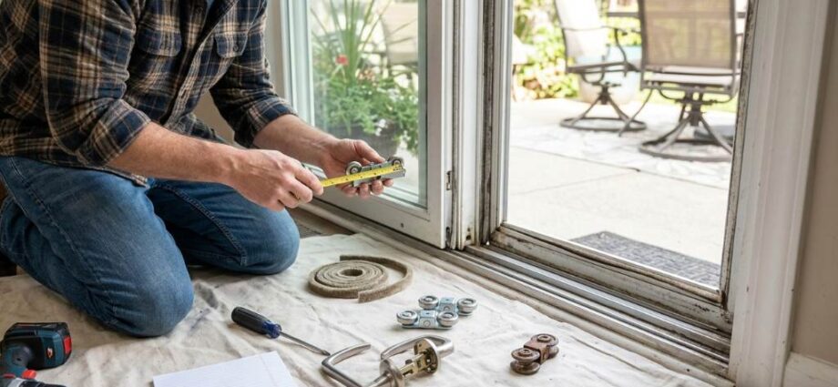worn weatherstripping being removed from patio door